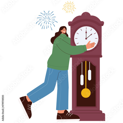 New Year Illustration. Vector illustration of Woman hugs a tall clock as fireworks mark the midnight countdown. Isolated on background
