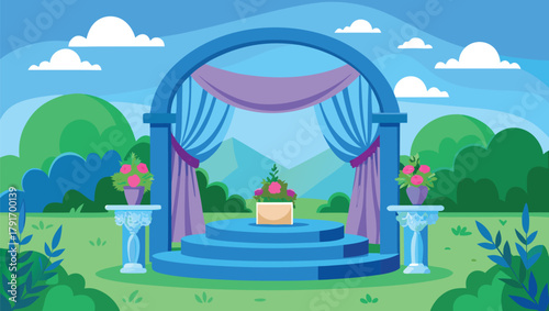 Vibrant outdoor stage adorned with flowers and curtains, set against rolling hills and a bright blue sky with fluffy clouds, perfect for events.