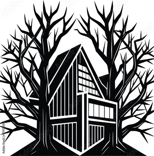 silhouette of a tree with a bamboo