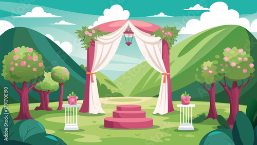 Dreamy outdoor wedding ceremony setup with floral arch and lush green hills creating a romantic, picturesque scene for your special day.