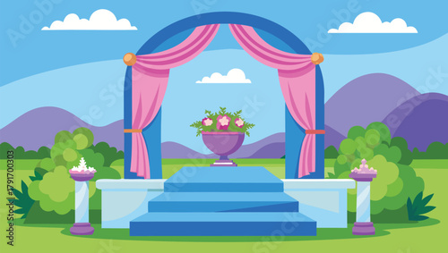 Elegant outdoor wedding ceremony setup with floral decorations and grand archway, creating a romantic atmosphere for special celebrations