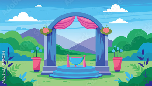 Vibrant outdoor wedding ceremony backdrop with floral arch and scenic mountain landscape, perfect for celebrations.