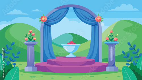 Elegant outdoor wedding ceremony stage adorned with vibrant flowers, lush greenery, and flowing blue drapery under a bright sky