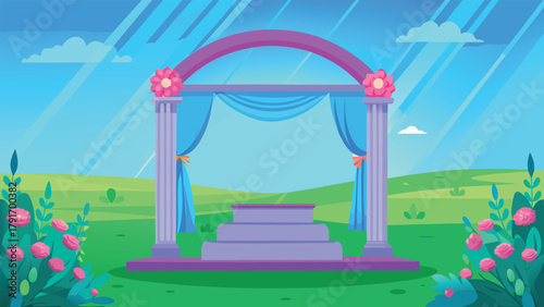 Vibrant outdoor stage adorned with flowers and draped curtains, ready for a joyous celebration or performance under a bright sky.