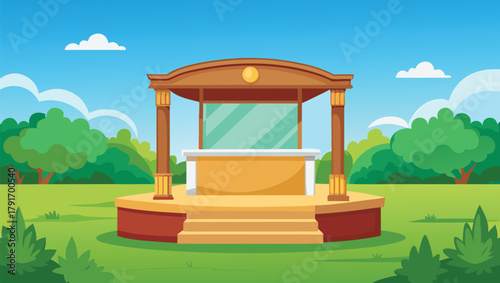 Vibrant outdoor stage with steps and backdrop under a bright blue sky, surrounded by lush green trees and grass, perfect for events and performances.