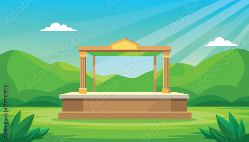 Peaceful landscape with a stylized ancient structure bathed in warm sunlight and surrounded by rolling green hills and fluffy clouds