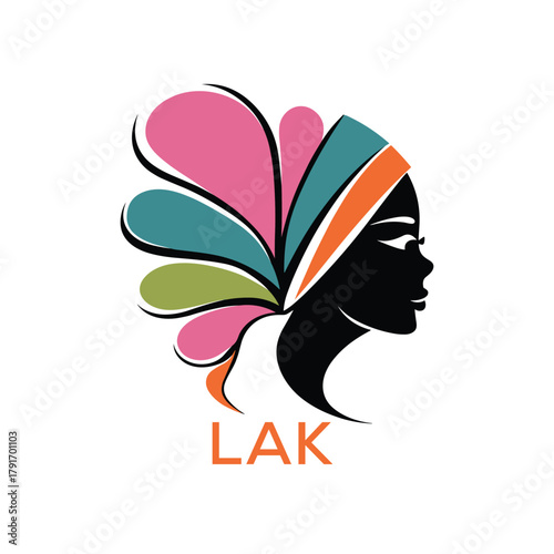 LAK Colorful African Woman Silhouette Logo. LAK Beauty Salon, Fashion Boutique & Hair Studio Branding. LAK Elegant Feminine Logo Design.
