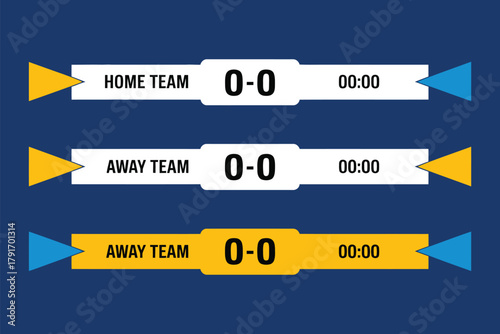 Sports tv broadcast banner set. yellow and blue scoreboard templates for live ranking display, match results, player stats, and real-time game updates.