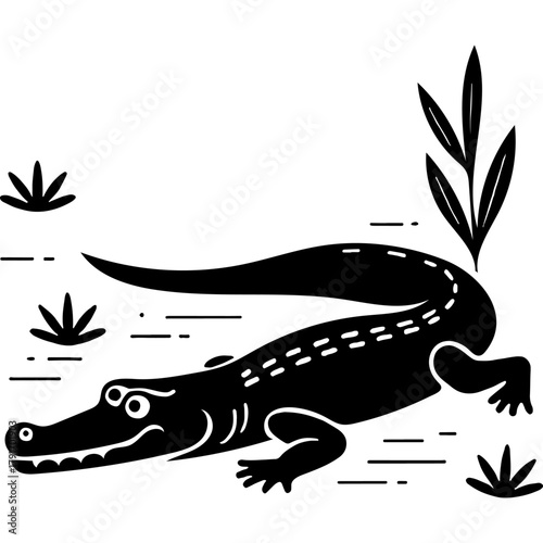 Cartoon alligator on the shore of a swamp. Engraving minimalistic vector in black ink drawing on transparent background