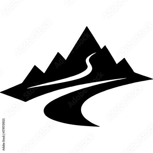 Schematic mountain trail between high peaks. Engraving minimalistic vector in black ink drawing on transparent background