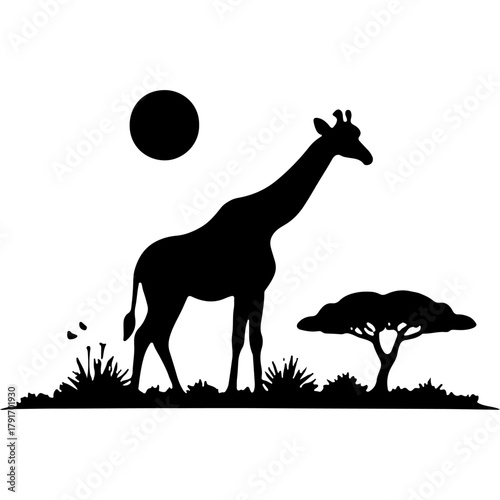 Long necked giraffe against the backdrop of an African savannah landscape. Engraving minimalistic vector in black ink drawing on transparent background
