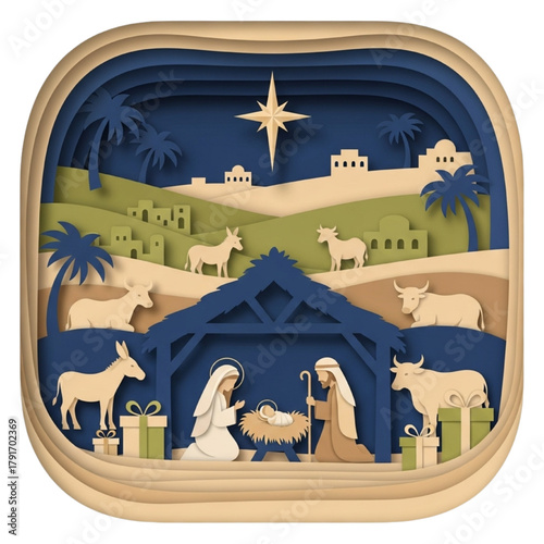 Nativity Scene Christmas Clip Art - Paper Cut Style Biblical Bethlehem with Baby Jesus Mary Joseph and Animals