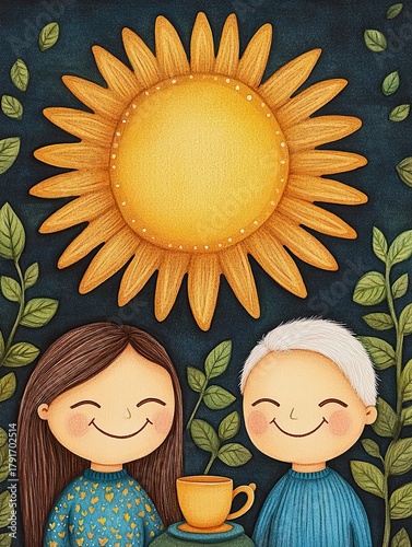 Joyful Seniors with Sunflower in Pastel Art Style