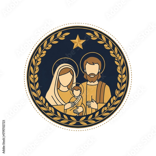 "Elegant Holy Family Nativity Icon with Star Laurel Wreath - Vector Christmas Religious Emblem Illustration