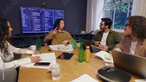 A skilled team is in a productive meeting, sharing innovative ideas, while an engaging presentation enhances communication and fosters collaboration among members