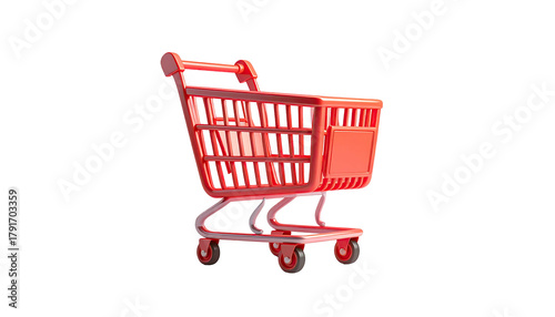 A 3D rendered, bright red shopping cart isolated on a black background