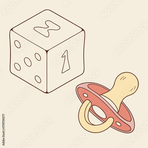A die with a pacifier on a beige background, a babys toy concept