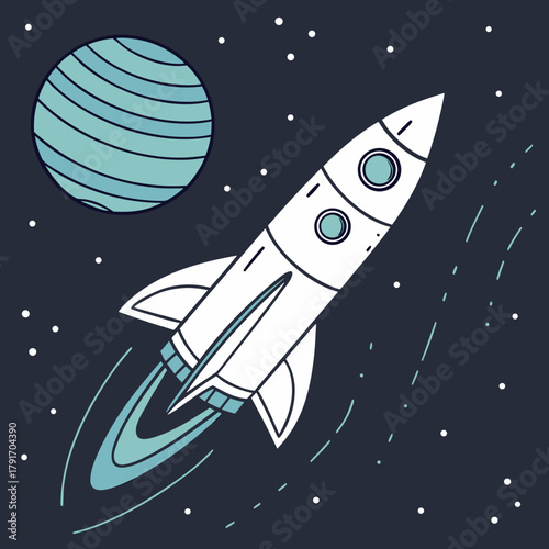 A cartoon rocket ship flies through space with a planet and stars