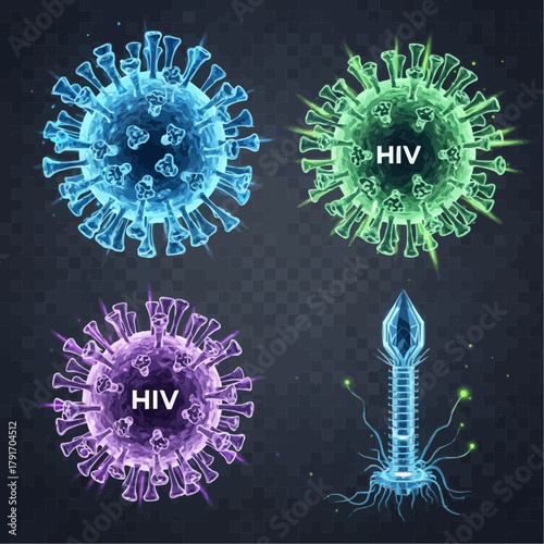 Illustration depicting various viruses, including HIV, with detailed microscopic representations.