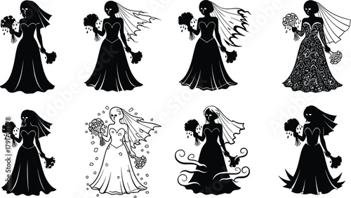 Creepy ghost brides, dark gothic wedding spirits, haunted women in veils with flowers, eerie horror romance silhouettes for Halloween art.