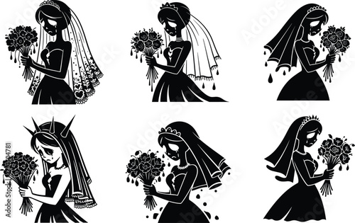 Gothic ghost brides, dark wedding spirits, undead brides with veils and flowers, eerie horror romance illustration for Halloween or fantasy art.