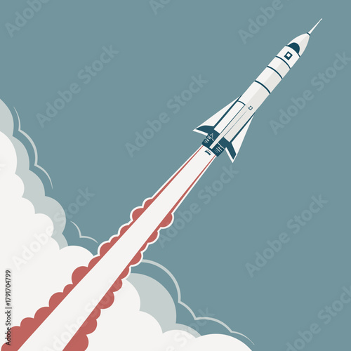 Illustration of a space shuttle launching into the sky with clouds around