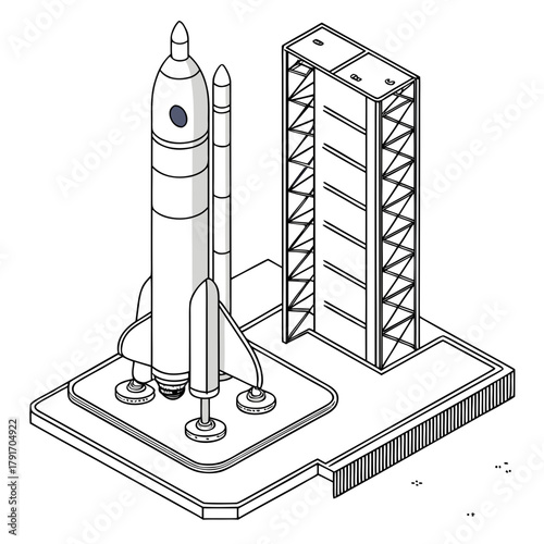 Isometric line drawing of a space shuttle on a launchpad