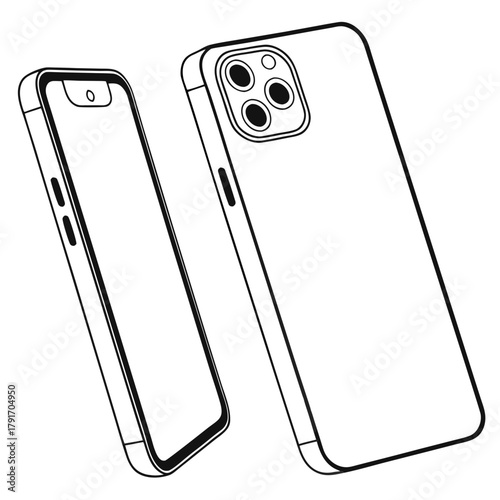 Line drawing of two modern smartphones, one showing the front and one the back
