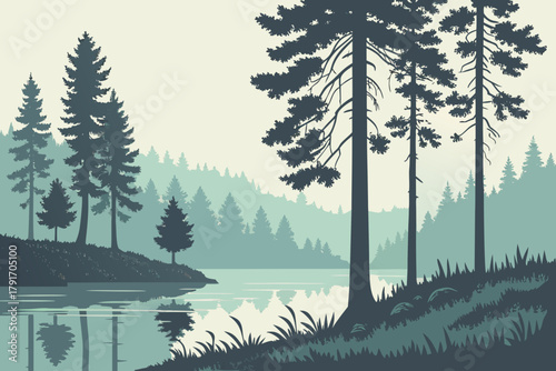 Northern forest with pine trees reflected on still lake