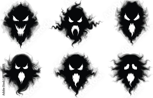 Dark ghost faces with smoky aura, evil spirit masks, shadowy wraith silhouettes, and creepy demonic phantoms for horror designs.u