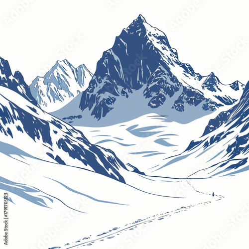 Snowy mountain range with a trail