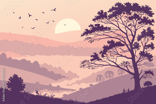 Serene sunrise over misty valley