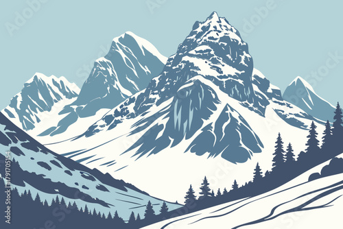 Snow-covered mountain peaks under blue sky — modern flat vector, crisp shapes and subtle lighting.