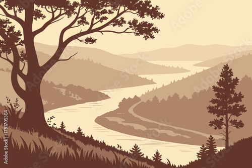 Abstract layered landscape of hills and rivers — gradient vector background, organic flowing shapes, artistic mood.