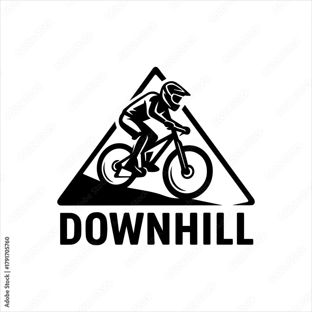 Fototapeta premium Downhill mountain bike rider silhouette inside a triangle frame. Extreme sports cyclist vector graphic icon for a team or competition logo