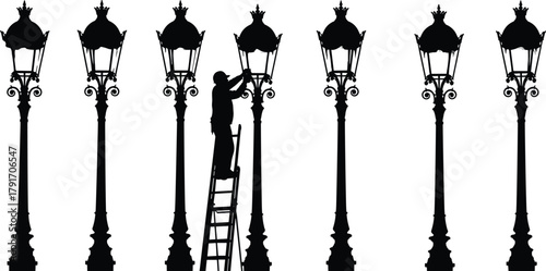 Silhouette of a worker fixing vintage street lamps on a ladder, vector illustration for maintenance, lighting repair, and urban service concept.