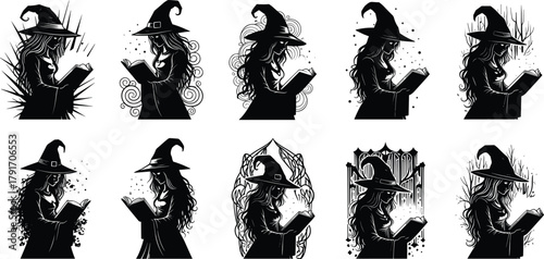 Silhouette of witch reading a magic book, mystical woman in hat performing spell, gothic fantasy vector illustration collection.