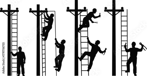 Silhouette of electrical linemen climbing utility poles with ladders and tools, power line worker vector illustration for industry and safety concept.