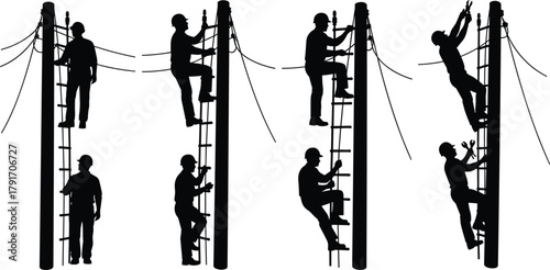 Silhouette of electrical linemen climbing utility poles with ladders and wires, power line worker vector illustration for energy and safety concept.