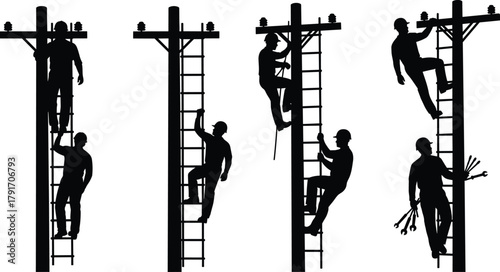 Electric lineman silhouette set climbing utility poles with ladders and tools, electrical worker vector illustration for safety, industry, and construction.