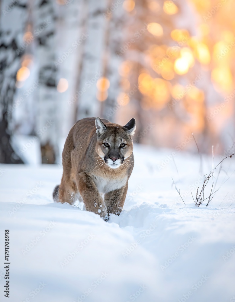 Naklejka premium A large cat predator, the color of sand and buff, walks through fresh snow in a wintry forest with a blurred golden background