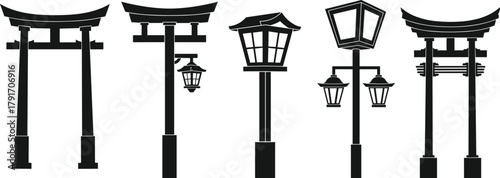 Japanese torii gate and lantern silhouette collection, traditional architecture vector set for design, culture illustration, and Asian temple art.