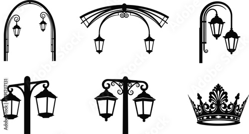 Dual lantern street lamp silhouettes with ornate arches and crown detail, decorative urban lighting vector set for architecture and city design