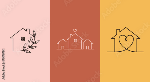 Set of 3 Minimalist House Line Art Logos on Pastel Backgrounds