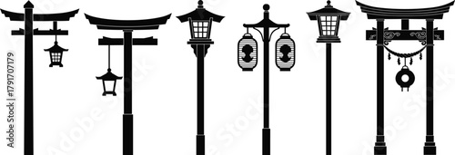 Traditional Japanese lantern and torii gate silhouettes, cultural architecture vector set for temples, shrines, signage, and spiritual design themes