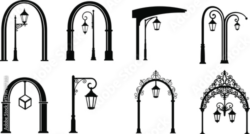 Ornate street lamp and archway silhouettes, decorative urban lighting vector set for architecture, city infrastructure, signage, and outdoor design themes