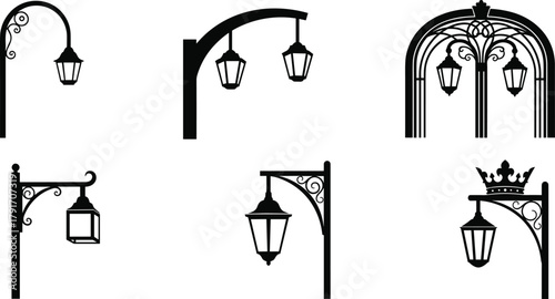 Vintage street lamp silhouettes with ornate posts and scrollwork, decorative urban lighting vector set for architecture, signage, and city design