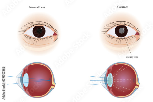 Medical illustration comparing normal eye lens and cataract with cloudy lens and vision diagram. eps 10