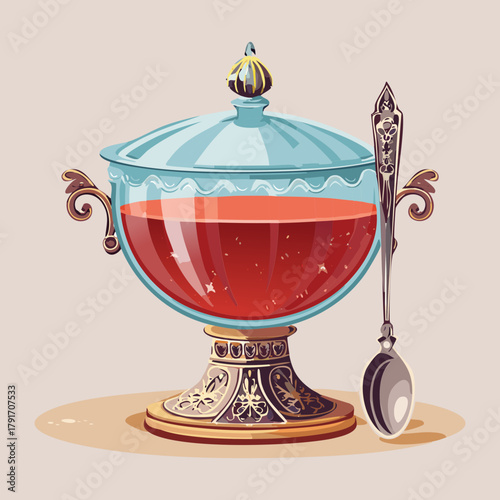 Traditional winter holiday punch bowl filled with a warm spiced red beverage served with a metal ladle and spoon - Vector Illustration