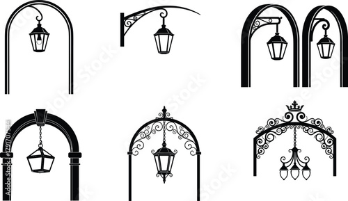 Vintage hanging lantern silhouettes on ornate brackets, decorative street lamp vector set for urban design, architecture, signage, and lighting themes